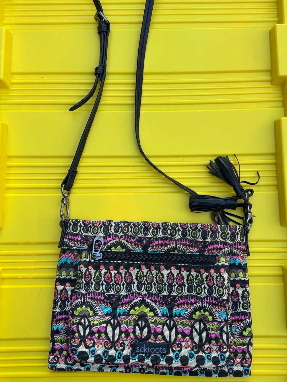 Sakroots Multicolor Geo-Pattern Crossbody with Black Strap and Tassel